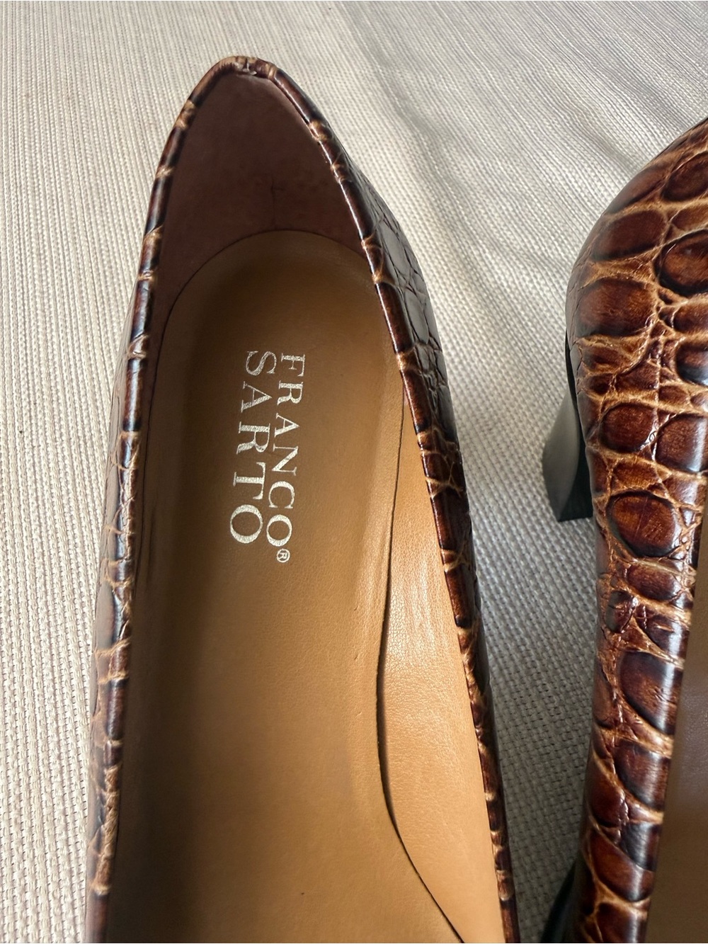 Franco Sarto Croc-Embossed Brown Leather Block Heels - Picture 6 of 11